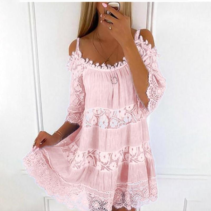 Embroidery Crochet Lace Cold Shoulder Mini Dress Women Scoop Neck Half Sleeves Mid-Rise Loose Fit Summer Dress Lady Beach Dress