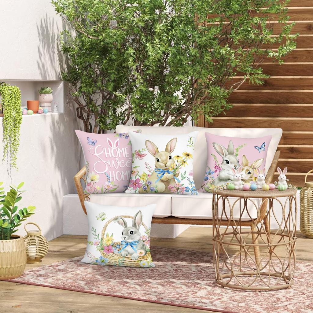 Easter Bunny Pink Pillow Covers Rabbit Flower Butterfly Patio Garden Decor
