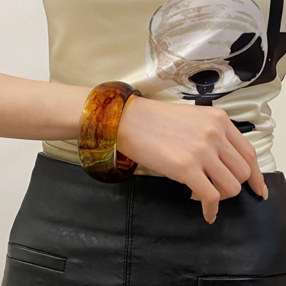 Smudging Acrylic Open Bangle Shiny Retro  Hand Ring Unique Wide Bracelet  Girls