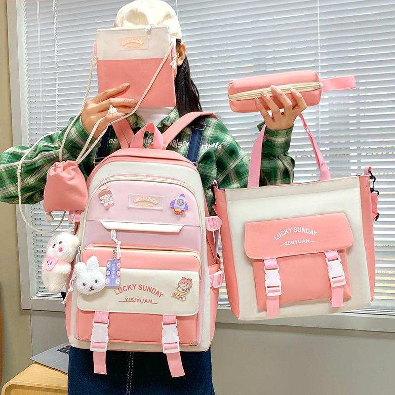 Middle School Boys and Girls School Bags Fashion Canvas Color Blocked Primary Student Backpack 5 Pcs Set Satchel with Tutoring Bag