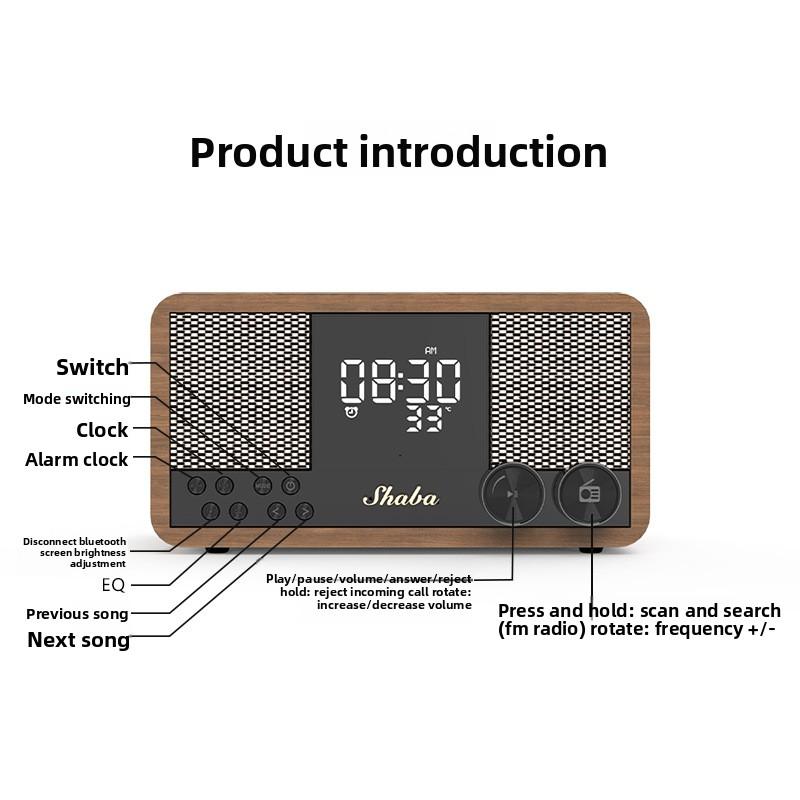 Vintage Bluetooth Speaker Wooden FM Radio Clock Alarm with Subwoofer, Retro Home Stereo Bass