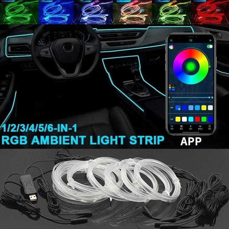 Автомобильная RGB LED Светодиодная Атмосферная Световая Лента USB Оптоволоконный Неон Невидимая Салонная Лампа Декоративная Накладка на Центральную Консоль Дверь Неоновые Огни 4