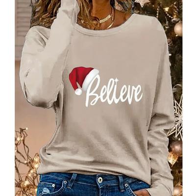2025 Осень и Зима Женский Новый Повседневный Топ с Круглым Вырезом и Длинным Рукавом с 3D Рождественским Узором