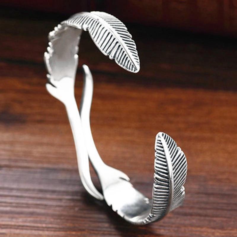 1Pc Vintage Punk Silver Color Feather Cuff Bracelet for Men Women Wrist Adjustable Bracelet Charm Birthday Gift