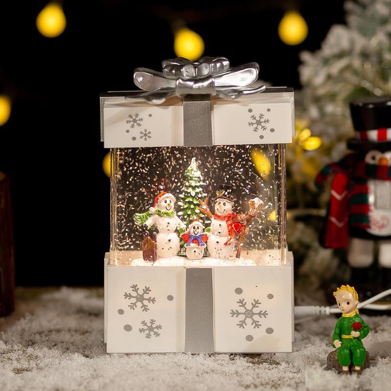 Рождественская музыкальная подарочная коробка, украшение для дома, сцена с попкорном, вращающаяся статуя Санты, рождественский декор рабочего стола, рождественский подарок для ребенка