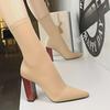 Европейская и американская мода Wood Grain Толстый каблук остроносый лайкра Сексуальные тонкие короткие сапоги