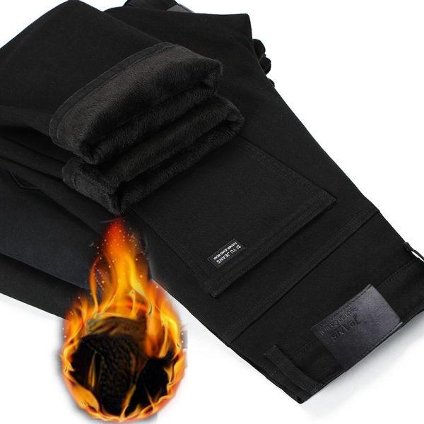 Джинсы с подкладкой, мужские зимние утолщенные теплые прямые свободные эластичные повседневные хлопковые зимние брюки с фланелевыми мужскими брюками