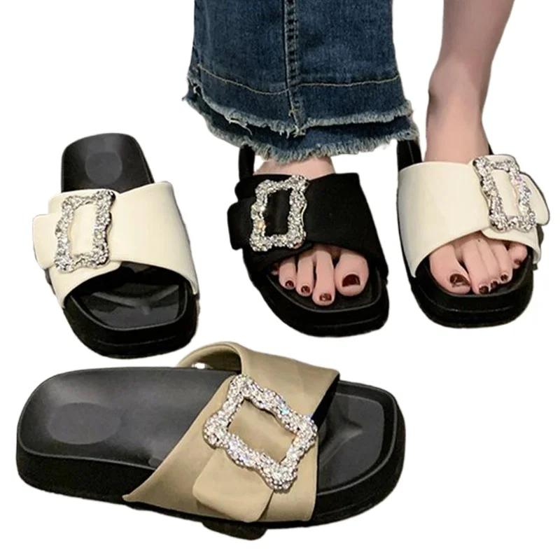 Модные женские тапочки с кристаллами и пряжкой, черные, хаки, бежевые, без застежек, модные шлепанцы, повседневные сандалии, удобные туфли со стразами