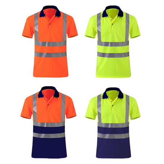 High Visibility Safety T-Shirt Button Lapel Tee Shirt with Reflective Tape Quick-dry Breathable Workwear Security Top for Construction Workers