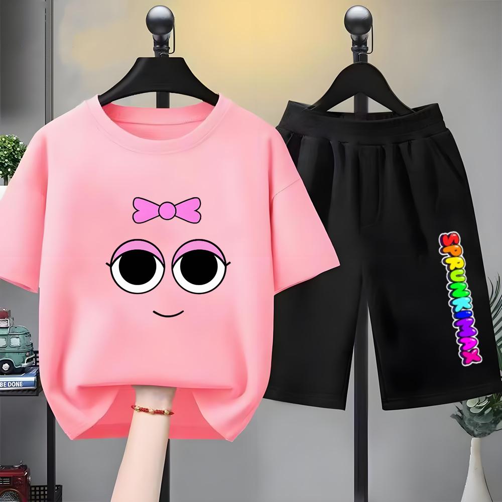 Summer Boys Girls Age 3-12 Tee+Shorts Suit Children Short Sleeve T-Shirts Child Casual Pink Black Clothes Sprunki Graphics