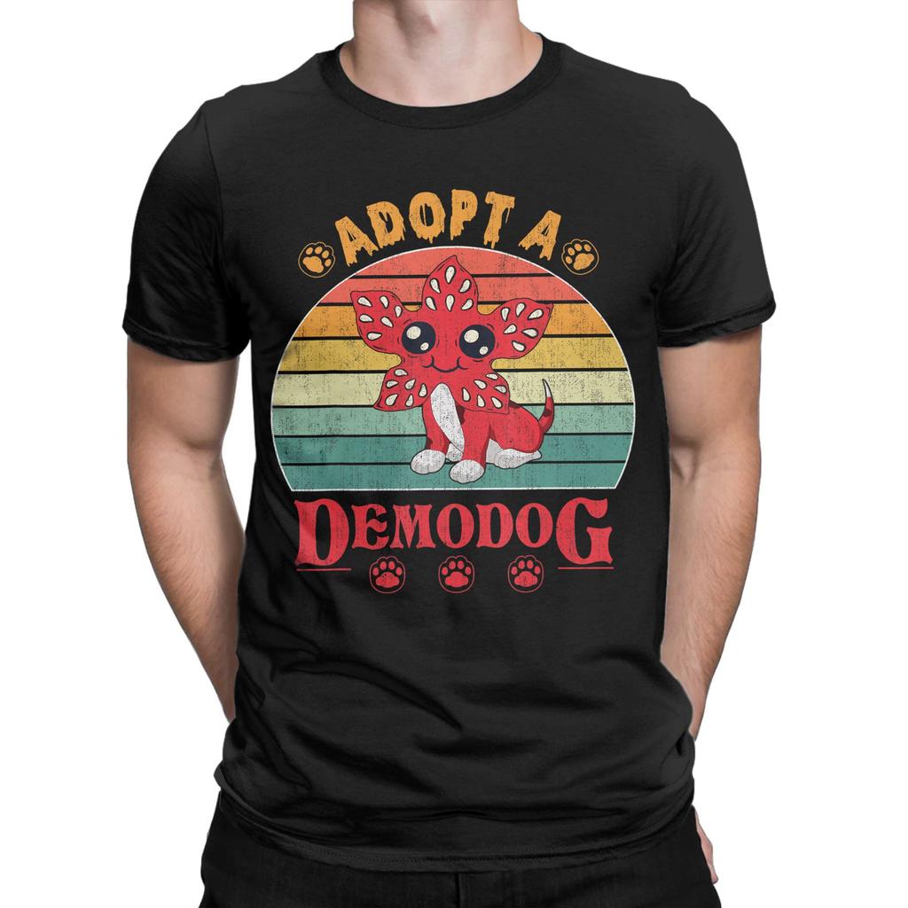 Mens Adopt a demodog Funny Dog Lovers T Shirt Pure Cotton Clothing Humorous Short Sleeve Round Neck Tee Shirt Printed TShirt