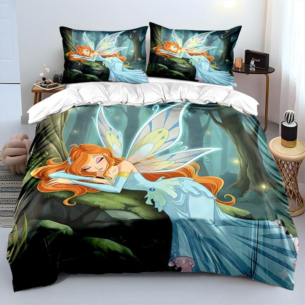 Beautiful Girls W-winx Cartoon Pattern Duvet Cover Set Digital Print Colorful Polyester Bedding with Zipper Closur for Kids Gift