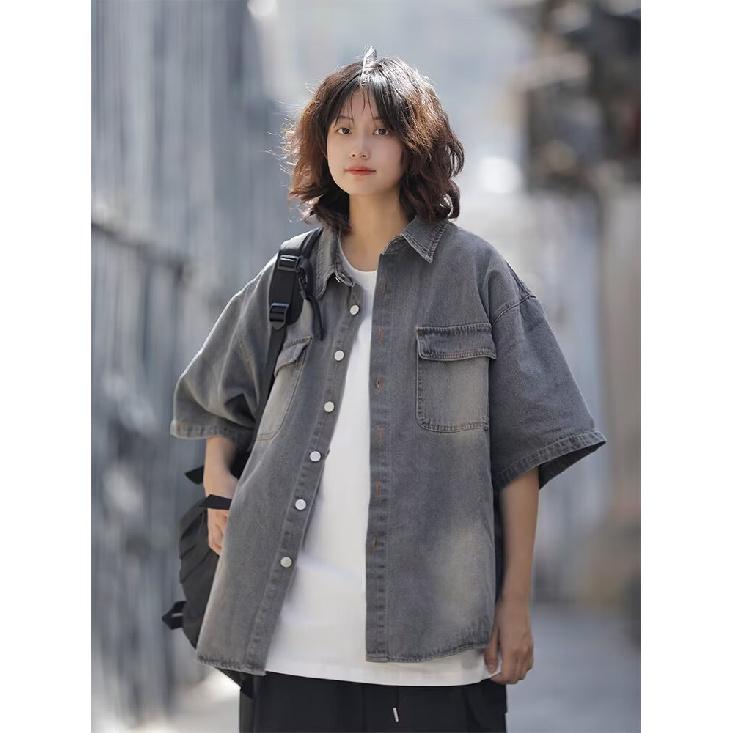 Рубашка с коротким рукавом в стиле ретро из джинсовой ткани, летняя модная мужская и женская марка, японский ретро-тренд с коротким рукавом, классная и свободная рубашка