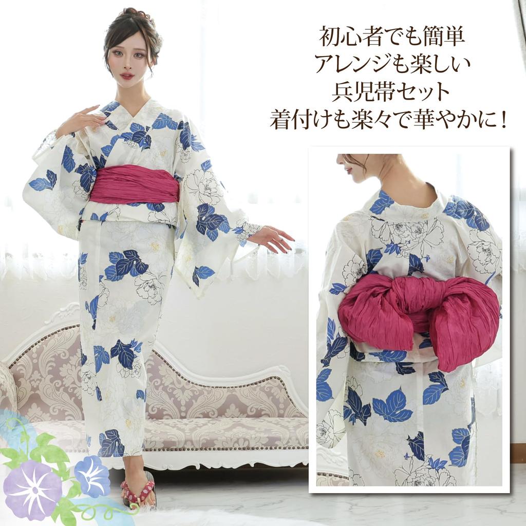 Yukata Layered Peony Heiko Thong Geta One Size Fits Most [RAVIR] Women's 3-piece Set, Flowers, Lovely, Kimono, Fluffy, Obi, Set, Blue,