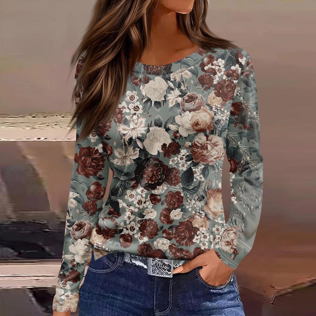 Женская Мода Повседневная Футболка с Разрезом по Подолу, Круглым Вырезом, Длинным Рукавом, Свободная, с Принтом, Женский Топ, Топы для Женщин, Женские Топы и Блузки