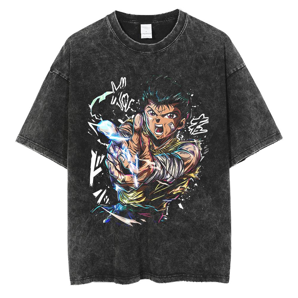 2026 Hot Sale YuYu Hakusho Graphic T-shirt Vintage Washed Oversized Streetwear Men Women Summer Cotton Short Sleeve Harajuku Hip Hop Retro Tee