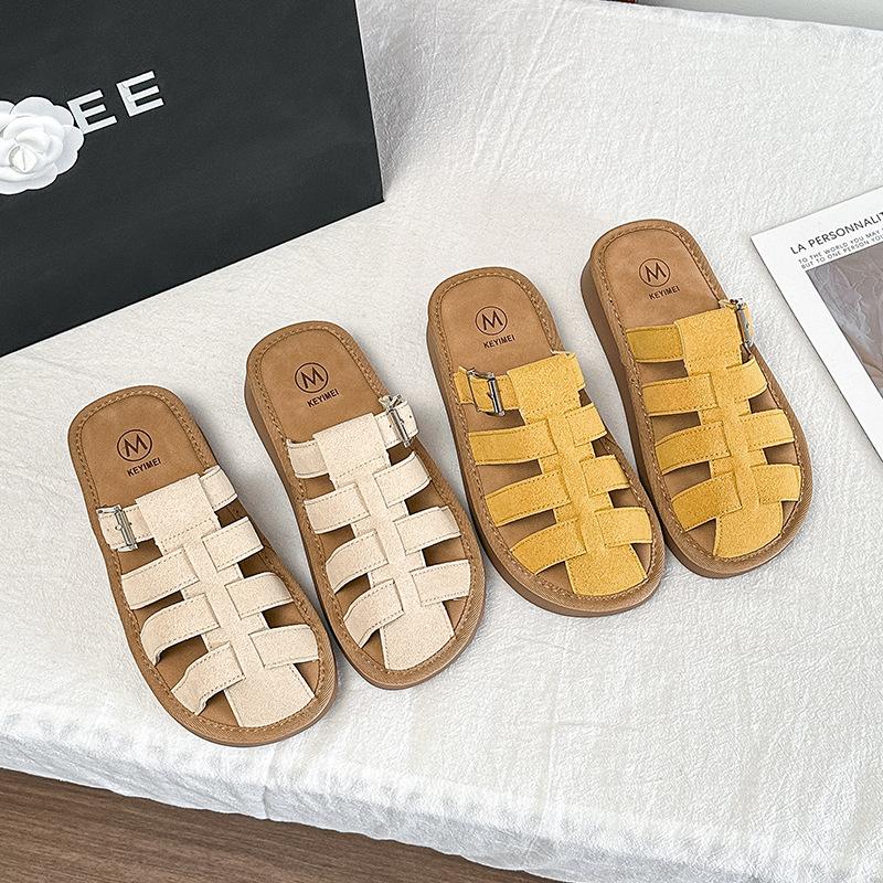 911-5 Тканые полутапочки Baotou в виде свиной клетки женские 2025 летние новые корейские версии плоская подошва верхняя одежда повседневные классные тапочки женские