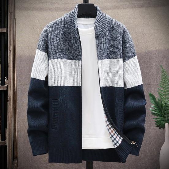 Men Autumn Winter Sweater Coat Stand Collar Thick Plush Color Matching Knitted Elastic