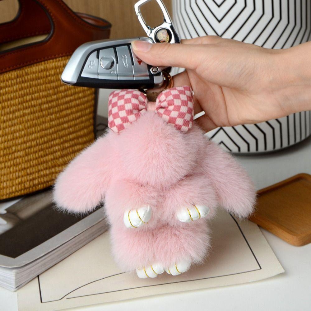 Lovely Pluff Bunny Keychain Fashion Rabbit Fur Keychain Animal Shape Play Dead Rabbit Doll  Women