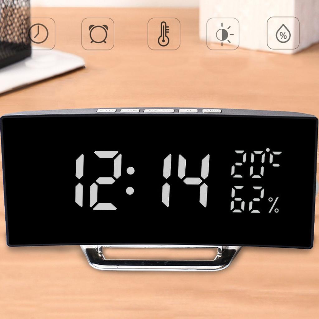 LED Digital Clock 3 Level Brightness Snooze USB Battery Powered Electronic Mirror Alarm Clock with T