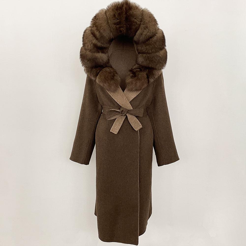 OFTBUY Зимнее женское пальто из натурального лисьего меха с капюшоном и съемным воротником Двусторонняя шерстяная куртка Длинная повседневная элегантная верхняя одежда