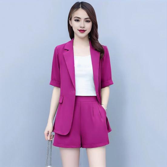2 Piece Women Casual Outfit Lapel Short Sleeve Blazer Shorts Solid Color OL Style Single Button Blazer Shorts Set Elegant Office Suit