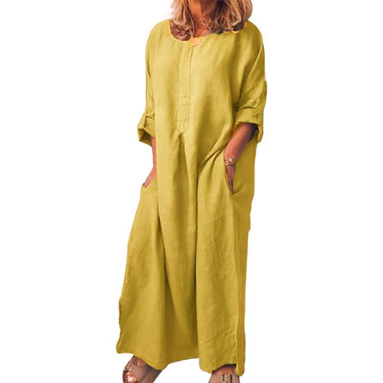 Женское винтажное однотонное платье макси с длинными рукавами и круглым вырезом, кафтан