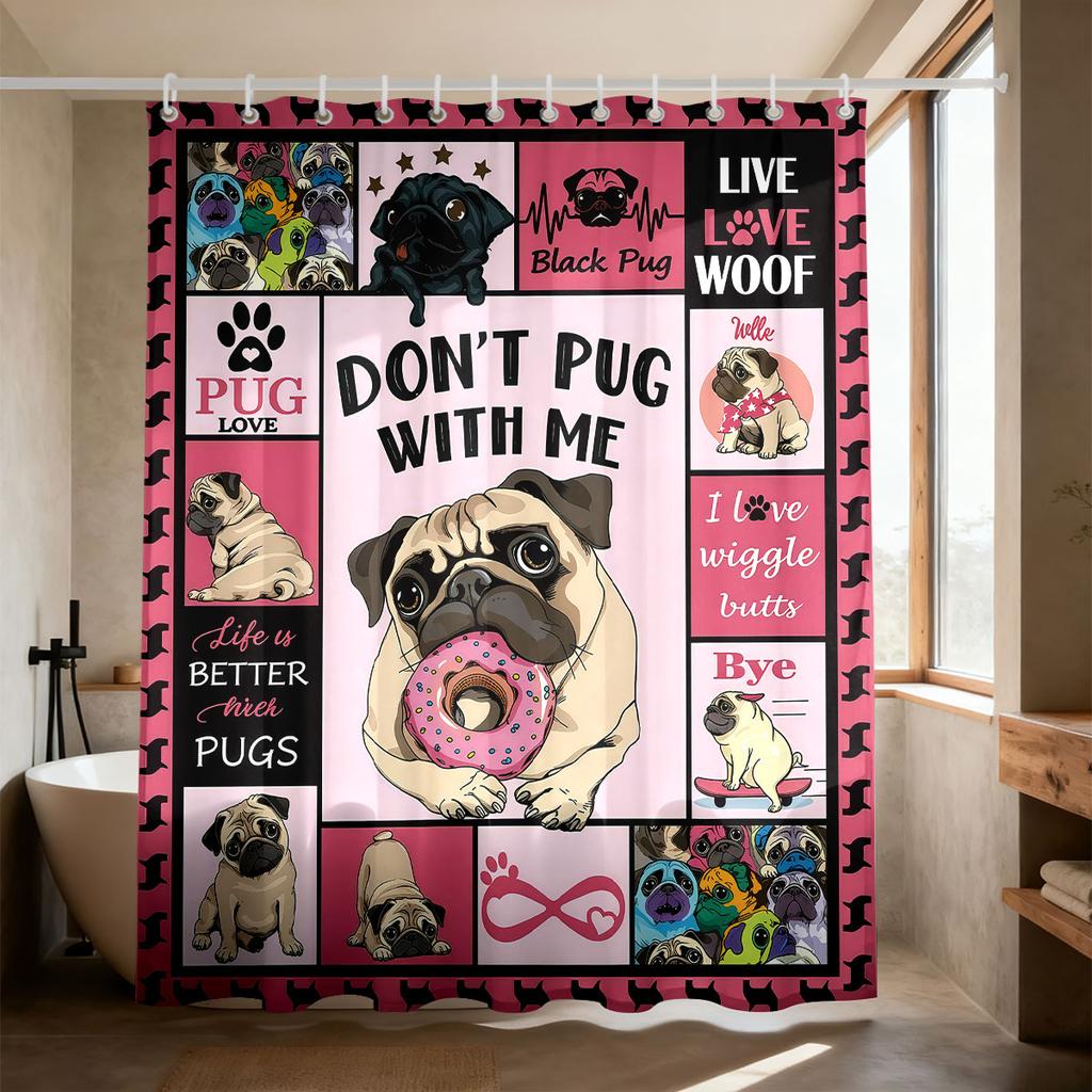 Dog Mom Shower Curtain 90Gsm Waterproof Boston Terrier Pug Print Bathroom Decor With Hooks