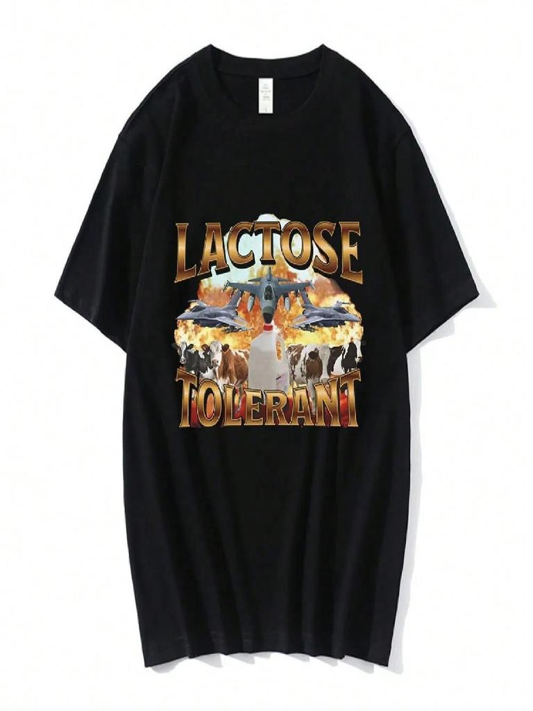 Lactose Tolerant Graphic Print T-Shirt unisex Wounisex Vintage Fashion Short Sleeve T-Shirts 100% Cotton Casual Cozy Oversized T Shirt