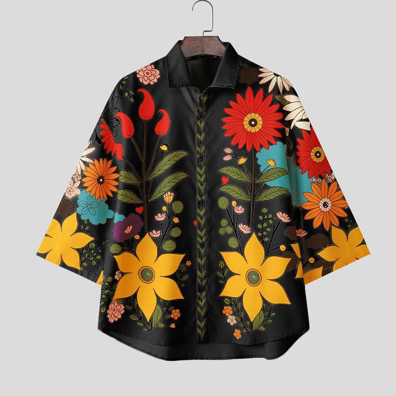 INCERUN Рубашки свободного покроя для мужчин с воротником-лацканами, рукавом 3/4, пуговицами, цветочным принтом, для отдыха