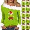 Women's Casual Fashion Sexy Off-Shoulder Collar Christmas Pattern Long Sleeve Crewneck T-Shirt Top