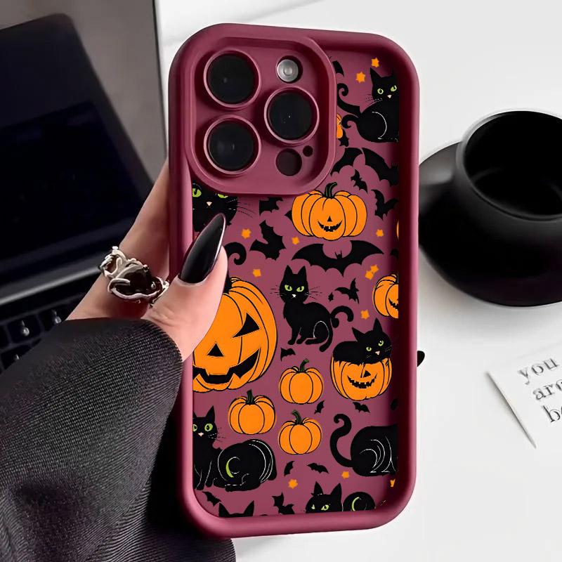 Чехол для телефона из силикона Soft TPU с рисунком кошки, тыквы и летучей мыши на Хэллоуин для iPhone 16 Pro Max 15 Plus 14 13 12 11 17 Air 16E Ударопрочный чехол