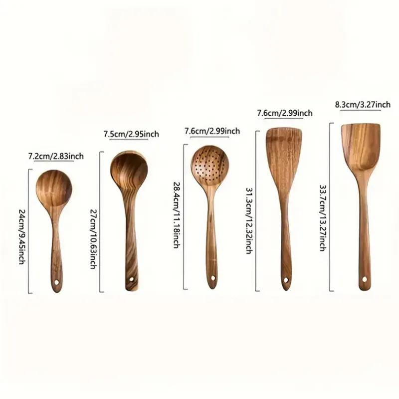 Multi Functional 5-Piece Kitchenware Set Kitchen Tools Wooden Bucket Storage Cooking Shovel Spoon Stirring Spoon Acacia Wood Teak Soup Spoon Reusable