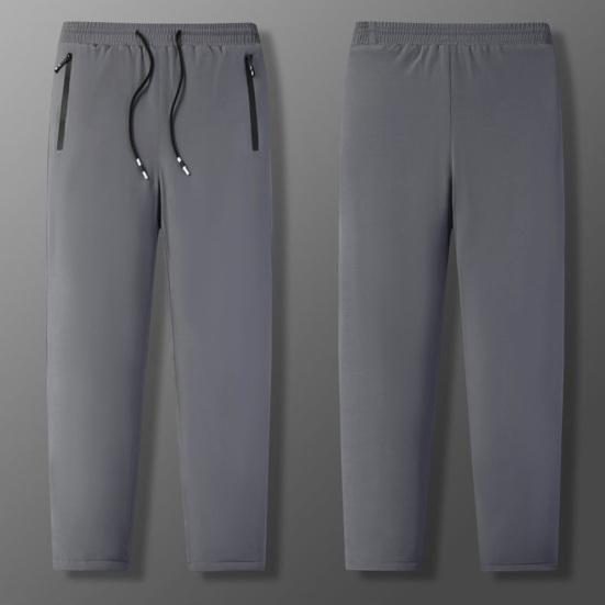 Winter Men Pants Thick Fleece Drawstring Elastic Waist Heat Retention Zipper Pockets Solid Color Warm Sport Travel Work Trousers