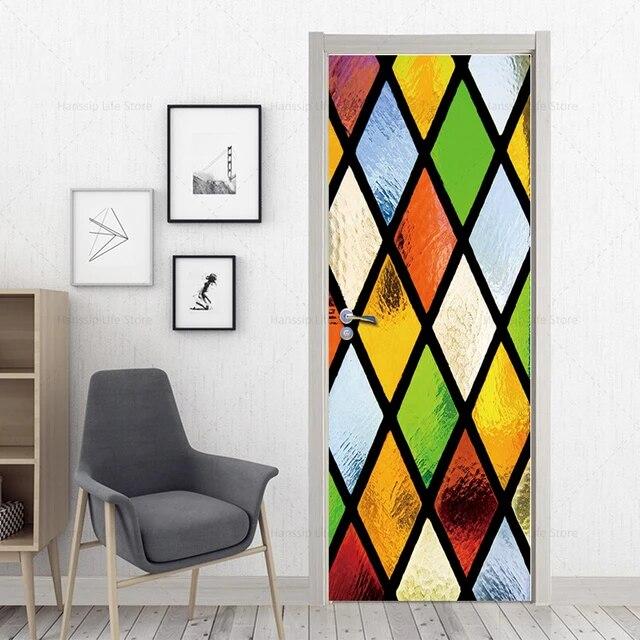3D Geometric Door Sticker Self-adhseive Vinyl Full Door Wrap Cover Stickers Modern Abstract Geometry Wall Art Mural Decorations