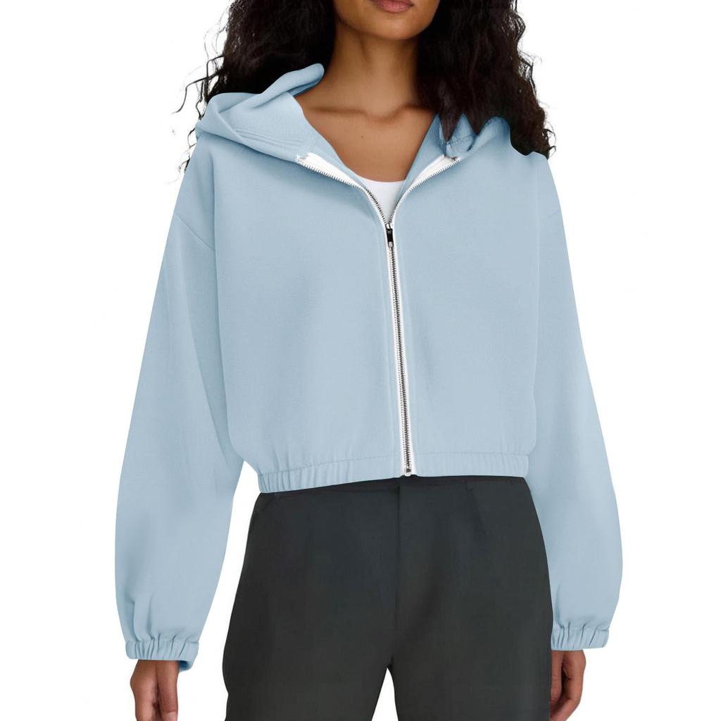 Women's Fashion Solid-Color Hooded Jacket Short-Length Zipper Sweatshirt Outerwear