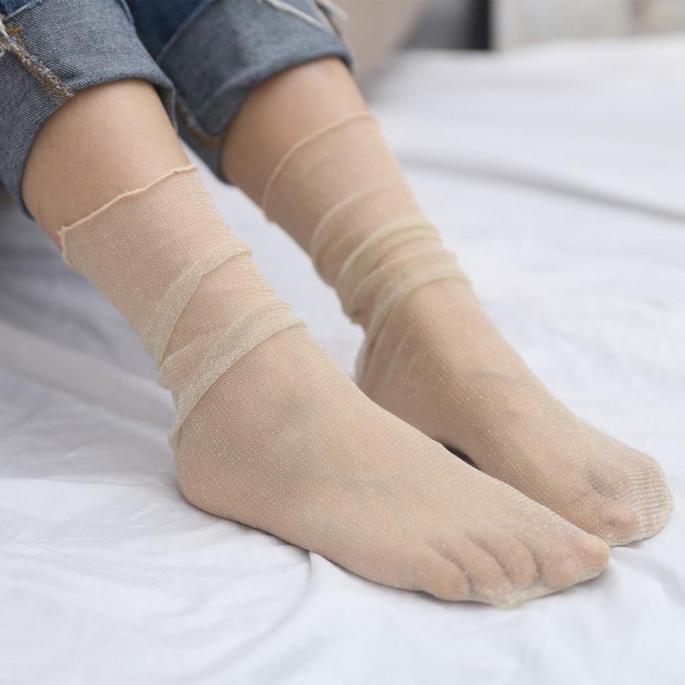 Летняя Мода Марлевые Эластичные Простые Блестящие Носки в Корейском Стиле Женские Тонкие Носки Блестящие Шелковые Чулки
