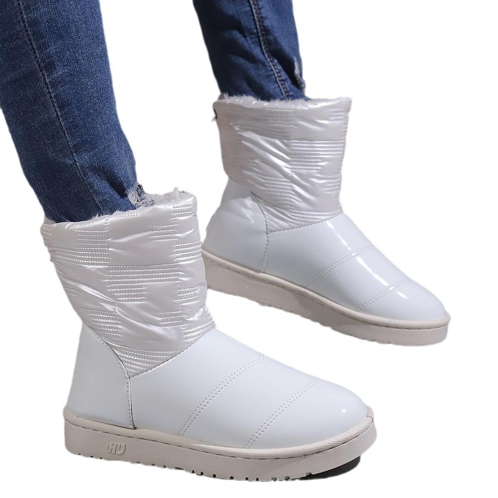 Зимние туфли с круглым носком, черные, на плоской подошве, средней высоты, водонепроницаемые, литье под давлением, с низким голенищем, из искусственной шерсти, повседневные хлопковые туфли