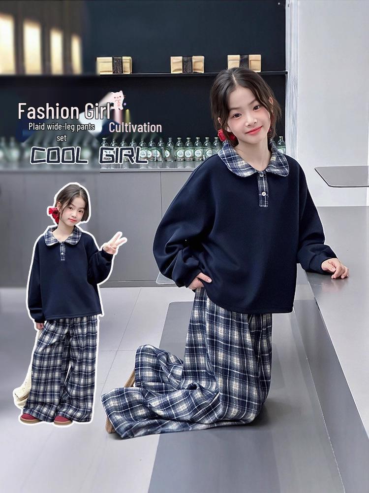 2025 New Early Autumn Girls' Turn-Down Collar Sweatshirt Set for Middle School