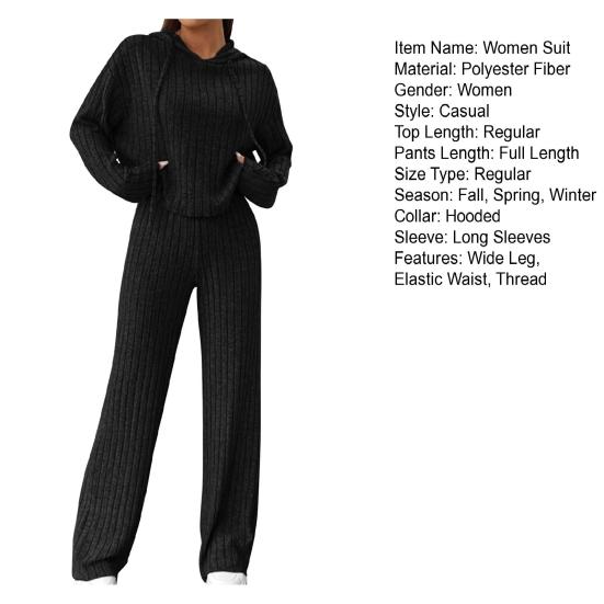 2 Pcs/Set Women Hoodie Pants Suit Drawstring Thread Long Sleeves Solid Color Top High Waist Wide Leg Sport Trousers Spring Fall Tracksuit