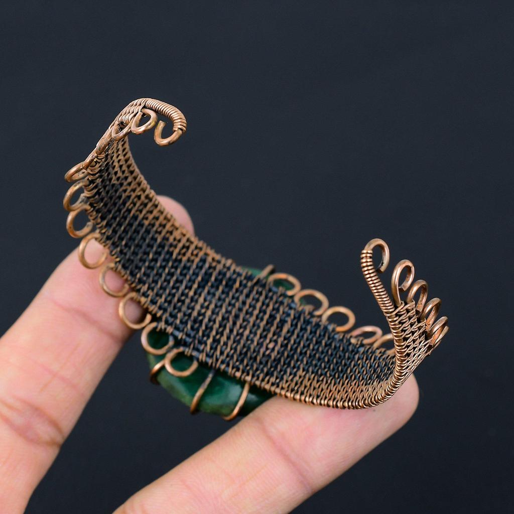 Lab-Created Emerald Gemstone Pure Copper Wire Wrapped Handmade Cuff/ Bangle Jewelry