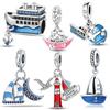 925 Silver Steamboat Anchor Sparkling Blue Cz Yacht Beads Fitfashionbracelet Diy Authentic Silver Color Cruise Ship Charms