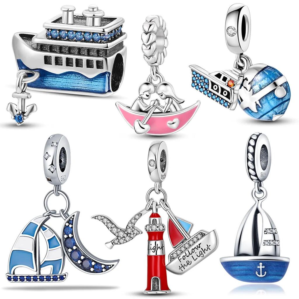 925 Silver Steamboat Anchor Sparkling Blue Cz Yacht Beads Fitfashionbracelet Diy Authentic Silver Color Cruise Ship Charms
