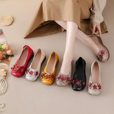 Неглубокие туфли-лодочки, женские туфли из натуральной кожи, обувные цветы, на одном ремешке, Doudou, круглый носок, толстая подошва, весна и осень