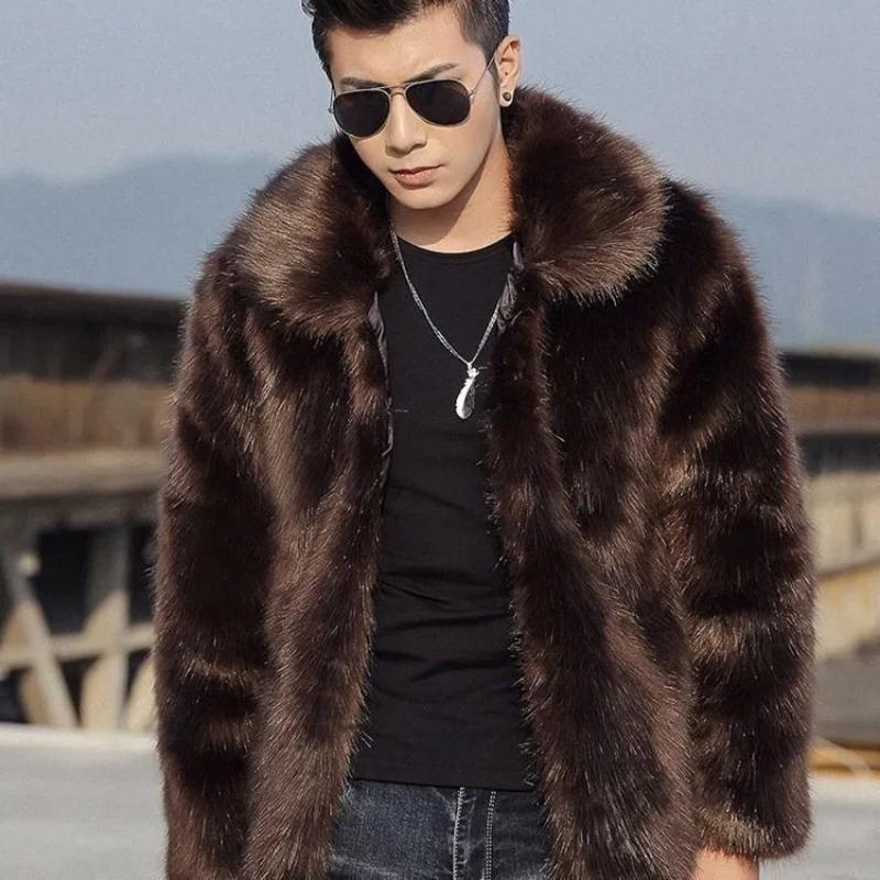 Мужская короткая коричневая шуба из искусственного меха с лацканами, теплая зимняя куртка, повседневная уличная одежда, тепло