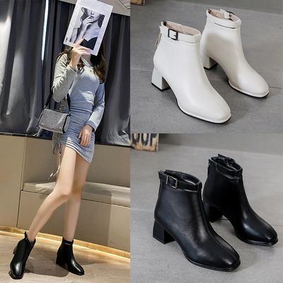 Зимние женские плюшевые теплые и модные модные сапоги на высоком каблуке с застежкой-молнией сзади, высокие сапоги, кожаные туфли, сапоги на средней подошве, женская обувь