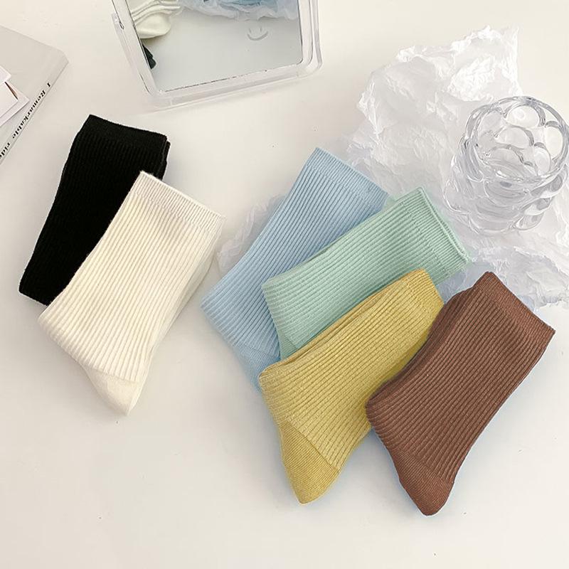 Женские носки до середины икры из чистого хлопка двойной вязки - Однотонные, не скатываются, универсальные для весны и осени.