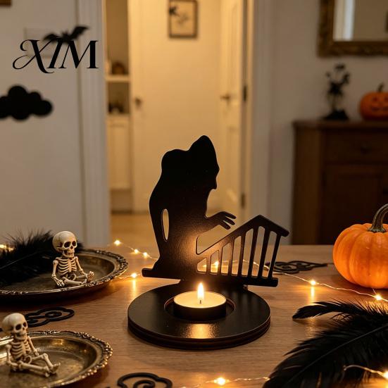 Decorative Ghost Candle Projection Halloween Shadow Holder, Spooky Skull Candlestick Decoration, Holder Vintage Wooden Tea Light Stand for Home Party