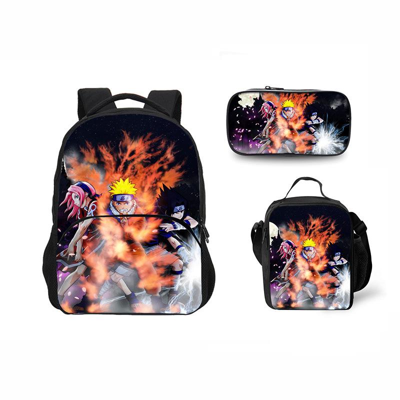 Printed Naruto three-piece set Children's school bag Meal bag Pencil bag Male and female students Backpack