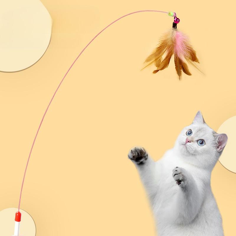 Игрушка для кошки удочка с перьями, игрушка для кошки с перьями, высокая прочность двухцветная перьевая стальная проволока дразнилка для кошки 6